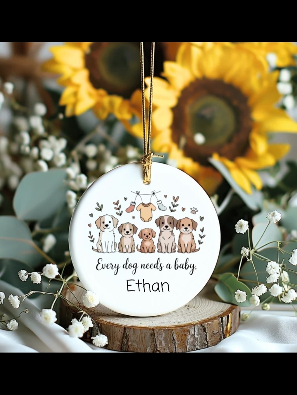 Personalized Dog Family Ornament - White Ceramic with Brown & Tan Puppies